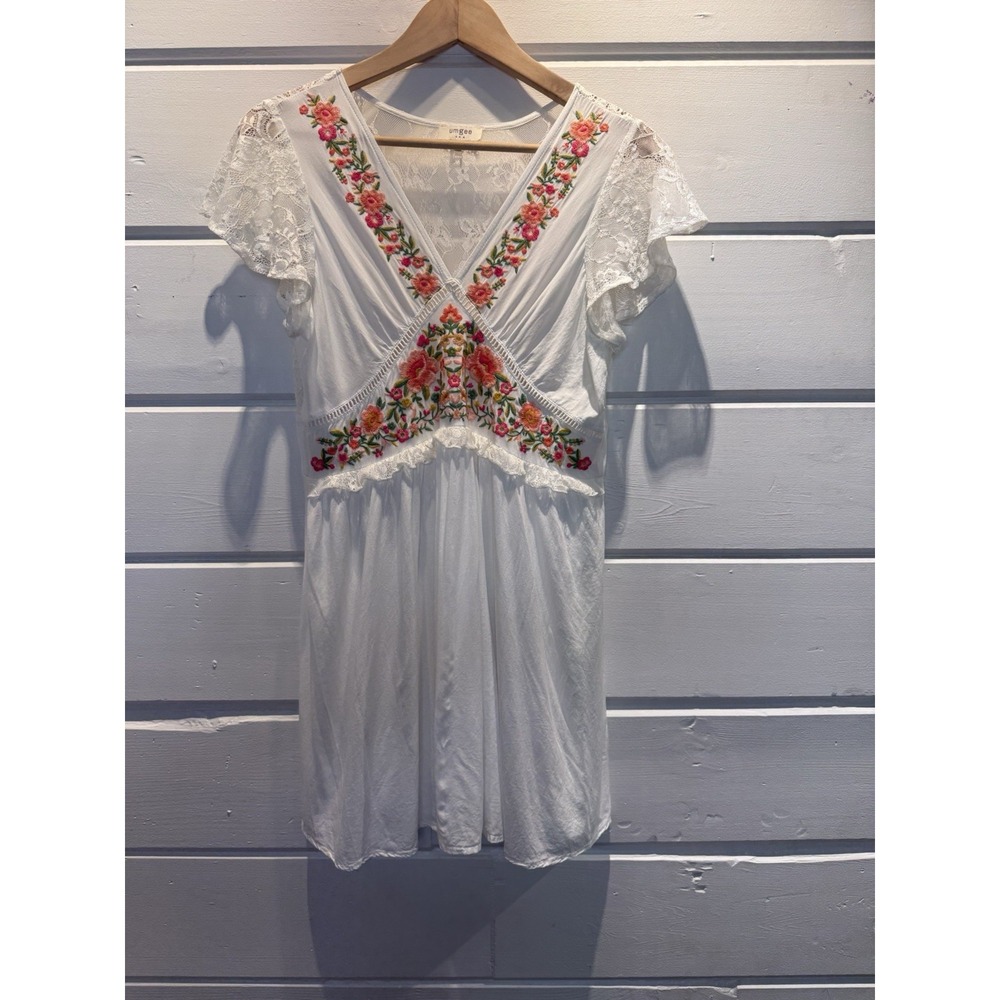 Umgee Embroidered Dress Floral Lace V-Neck White Peasant Cottagecore, Medium